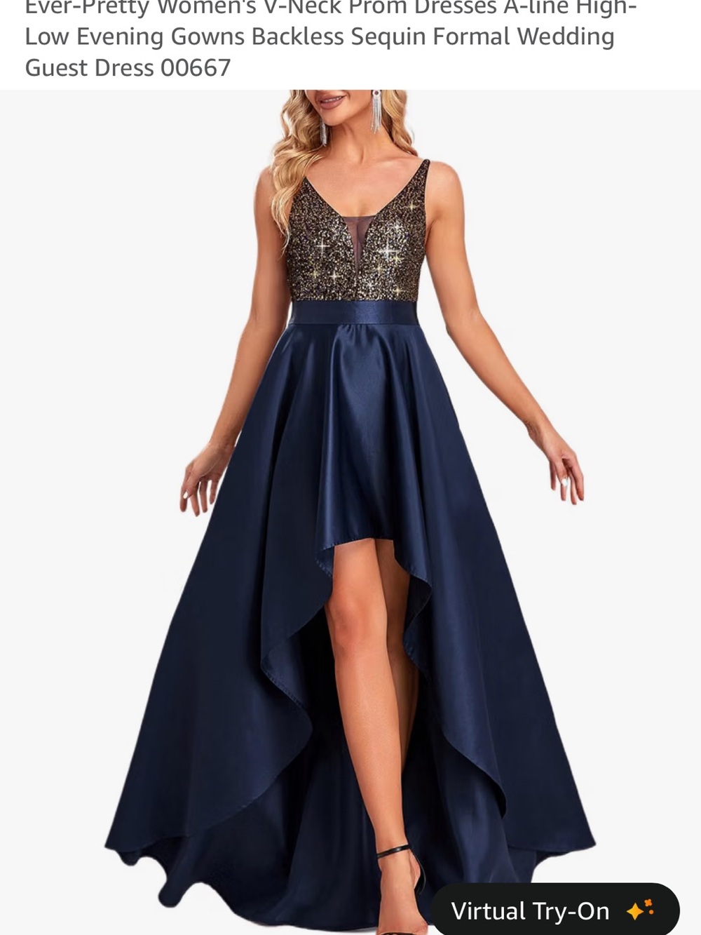 Ever Pretty Navy and Gold High-Low Sequin A-Line Evening Gown